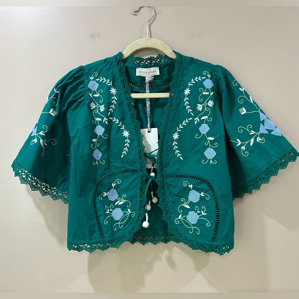 NWT Jennifer Grace Green Tie Top Floral Embroidered Cottagecore Boho Womens XS